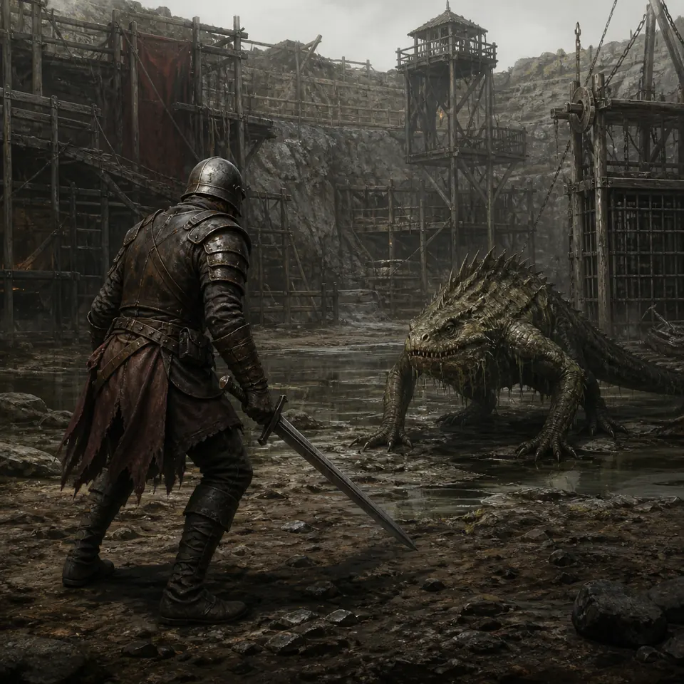 採掘コロニーで沼トカゲの攻撃を読むGothic 1 Remakeの戦士を描いた編集用コンセプトイラスト