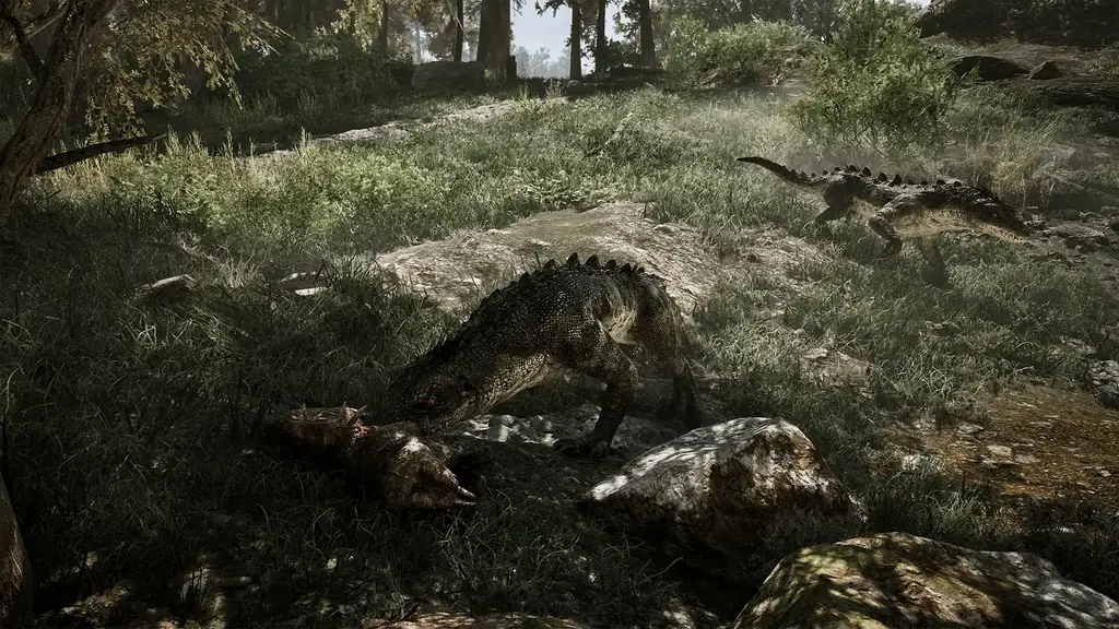 Gothic 1 Remake wilderness gameplay scene with a reptilian enemy beside a forest path