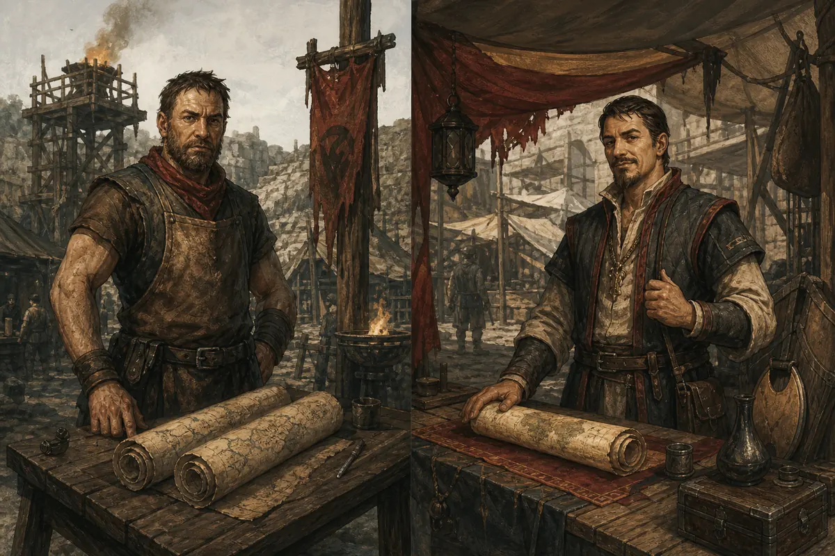 Ilustração editorial comparando Graham e Dexter como vendedores de mapas de Gothic 1 Remake